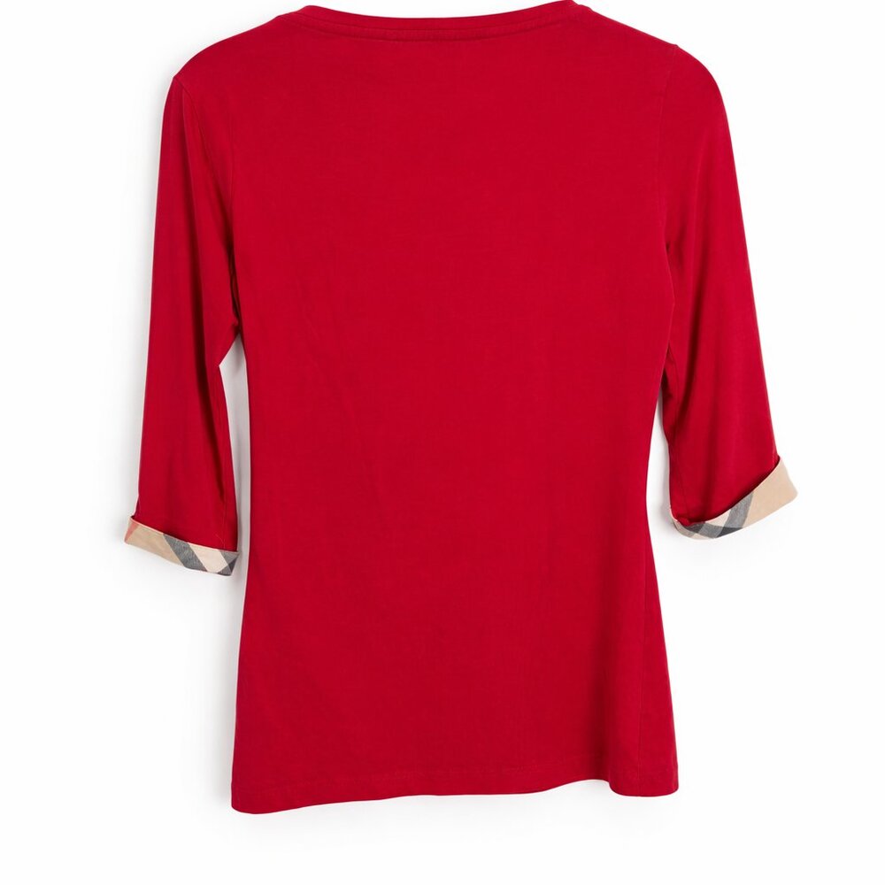 Burberry London Red Top XS Nova Check Trim 3/4 Sleeve Designer Shirt Classic - Picture 4 of 4
